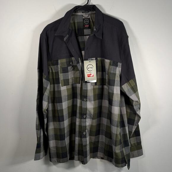 NWT Wrangler ATG Flannel Button-Up Shirt Green & Navy Plaid Size Large – Outdoor - Picture 2 of 7